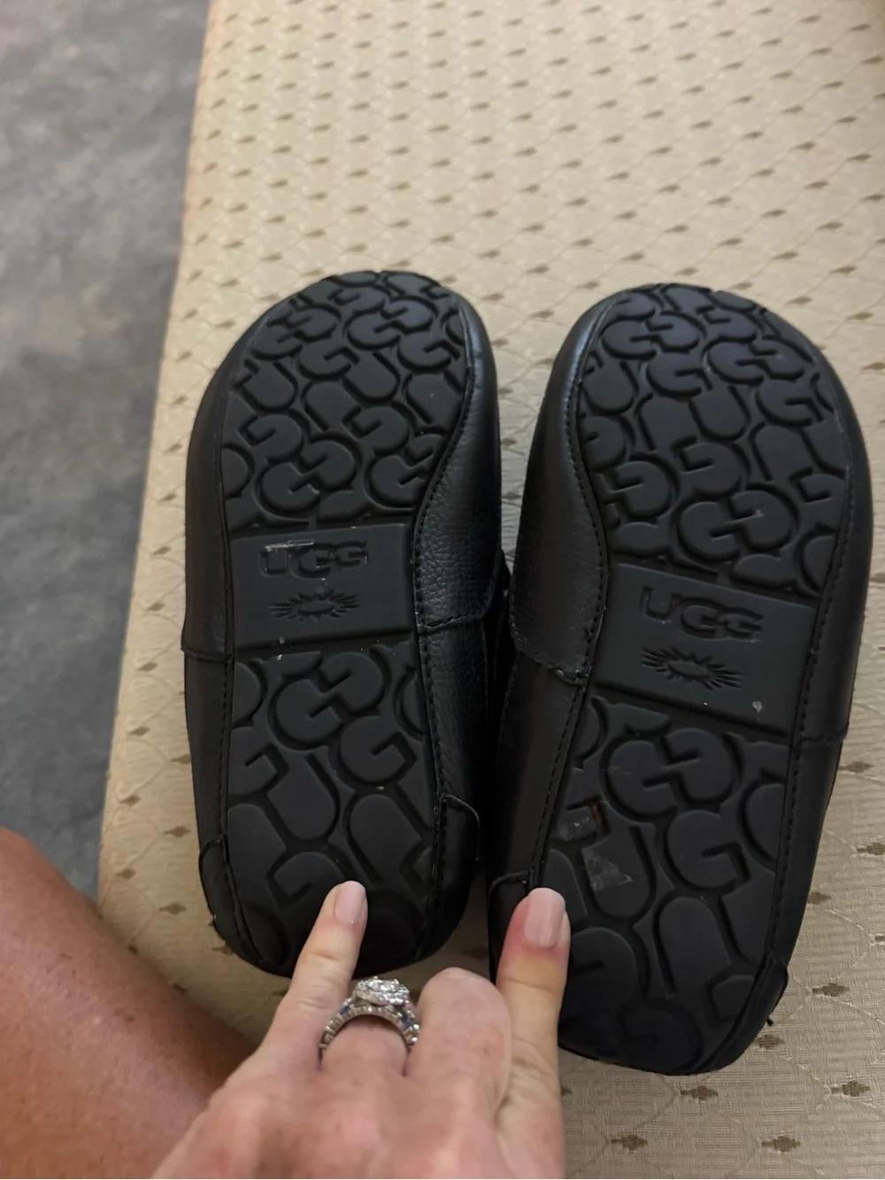 UGG Men’s Black Leather Slip-On Moccasins with Cream Shearling